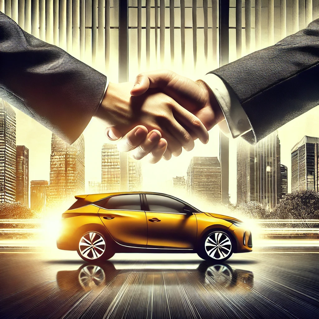 Handschlag zwischen Geschäftspartnern mit einem goldenen Auto im Vordergrund und einer modernen Stadt im Hintergrund.